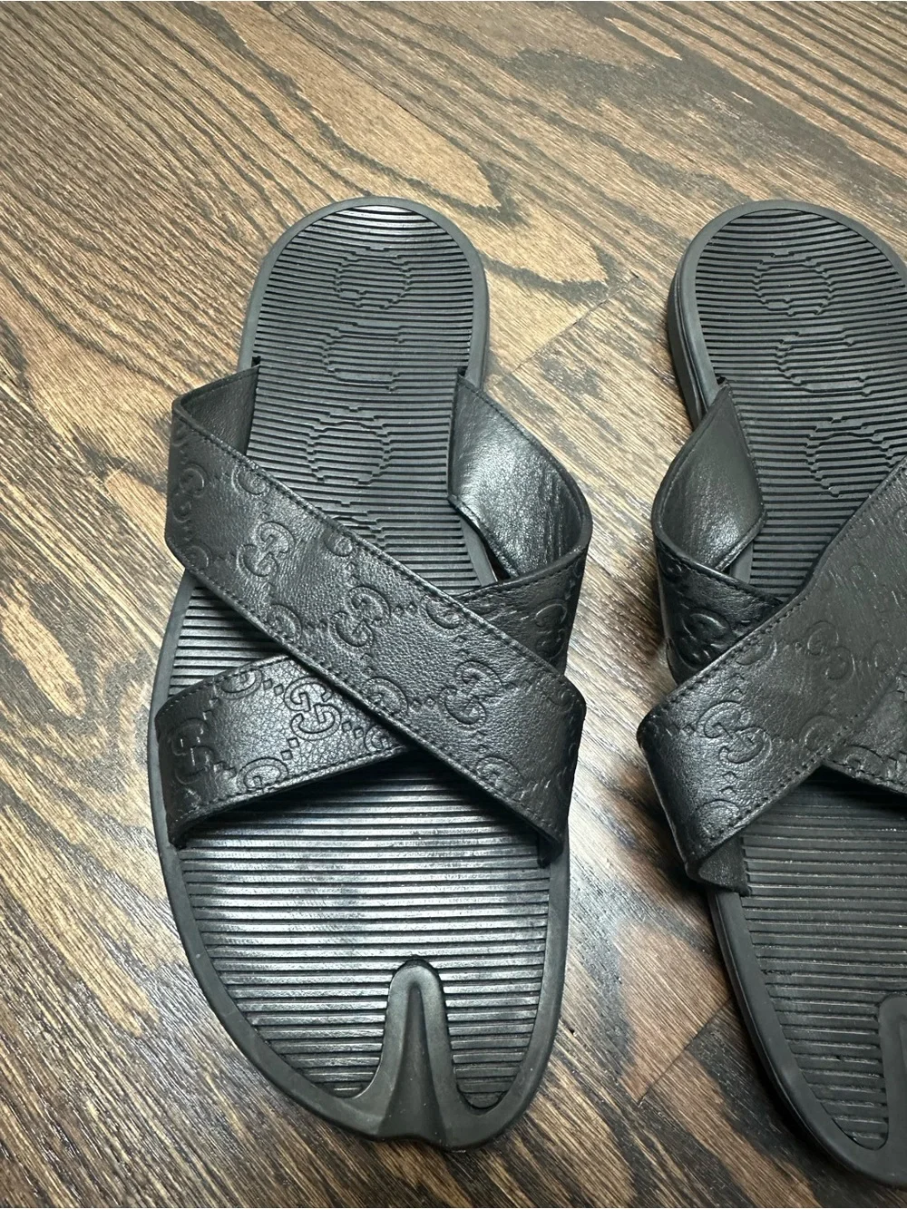 Gucci Men's Black Embossed Leather Cross-Strap Sandals
